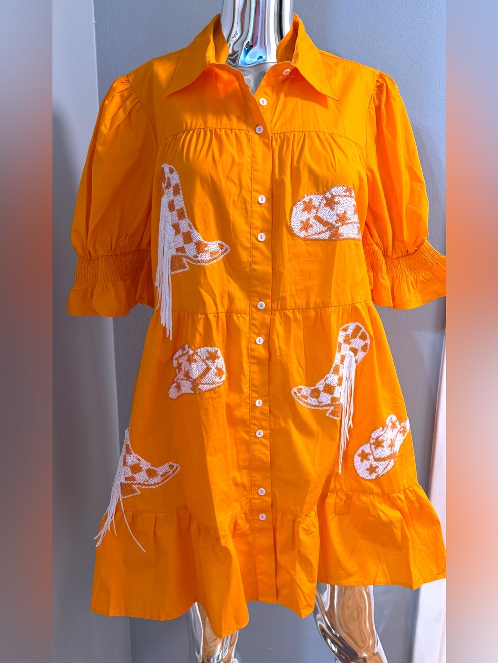 UT Football Inspired Orange and White Sequin Embroidered Cowboy Style Dress L